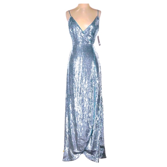 Aidan Mattox NWT Blue-Green Silver Sequined Evening Gown Size: 0, but Wraps